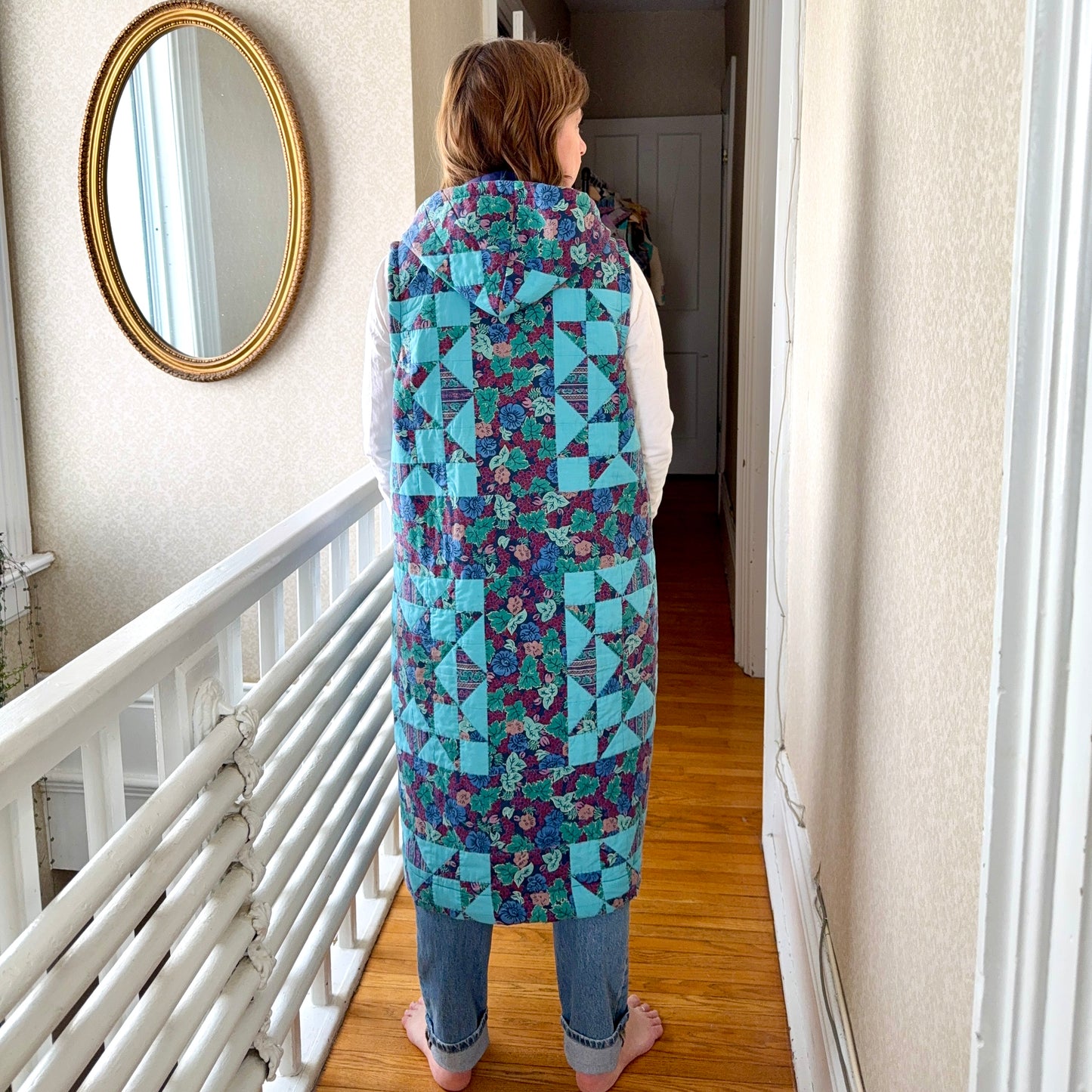 Vintage Reclaimed Hooded Quilt Vest Long - Blue