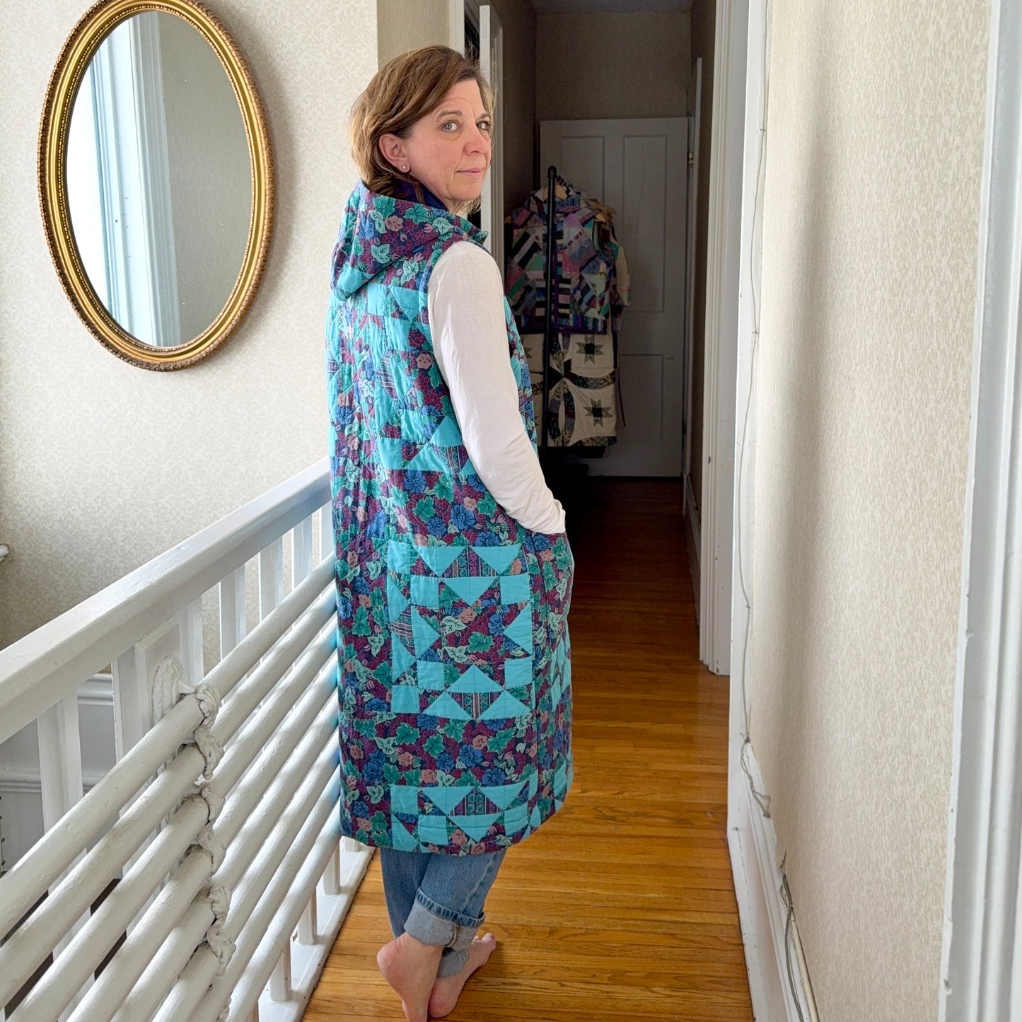 Vintage Reclaimed Hooded Quilt Vest Long - Blue