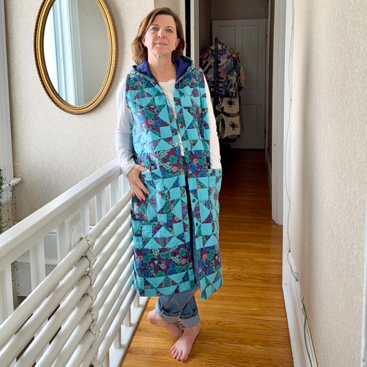 Vintage Reclaimed Hooded Quilt Vest Long - Blue