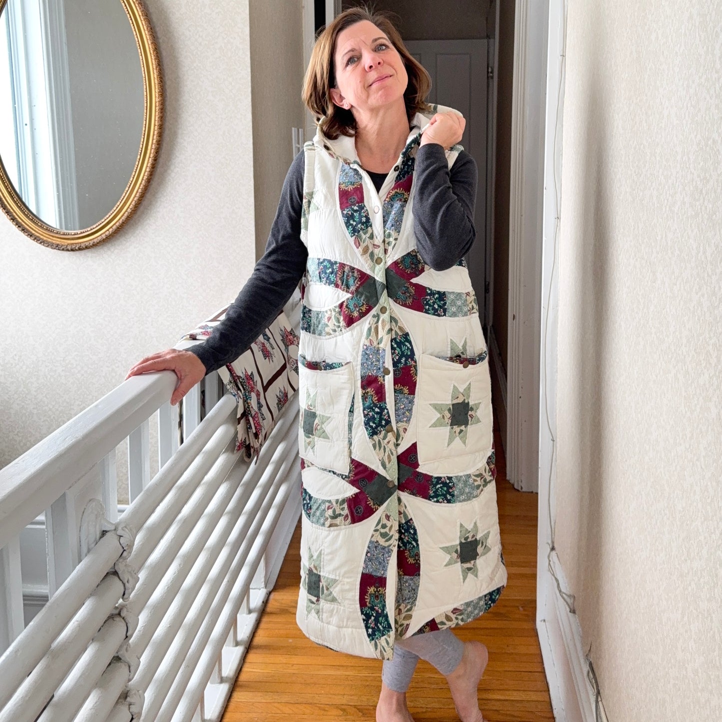 Vintage Reclaimed Hooded Quilt Vest Long