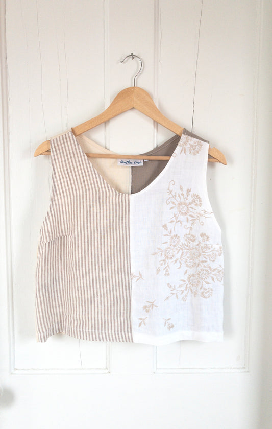 Handcrafted Color-Blocked Linen Top — Sustainable, Vintage Floral Embroidery Size Small