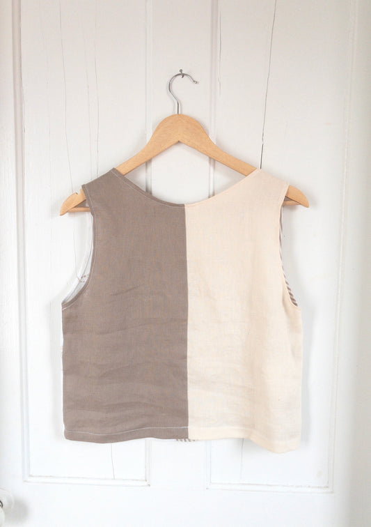 Handcrafted Color-Blocked Linen Top — Sustainable, Vintage Floral Embroidery Size Small