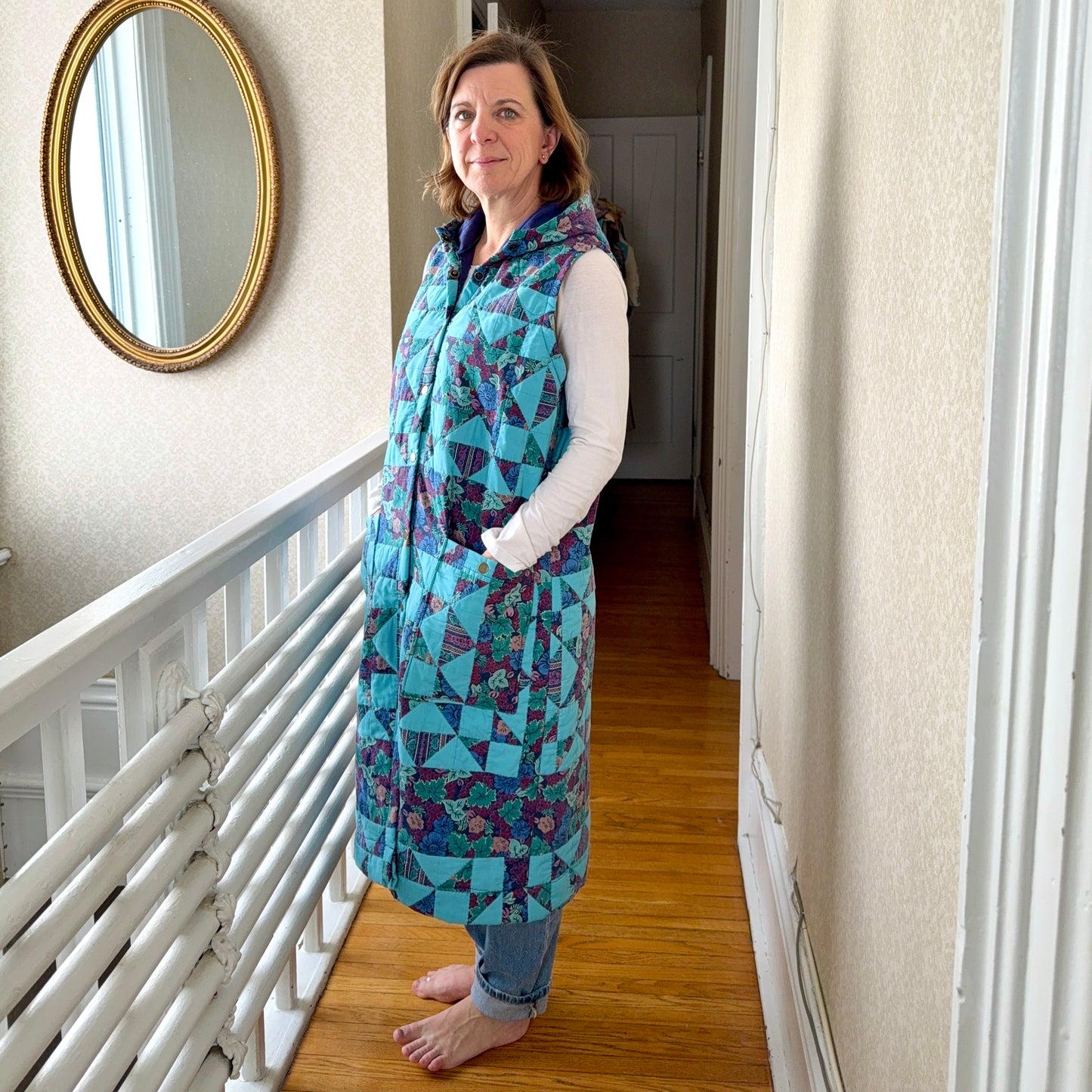 Vintage Reclaimed Hooded Quilt Vest Long - Blue